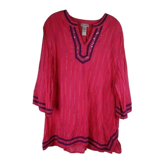 Catherines Tunic Top Womens Plus 2X Pink Stripe Cotton Boho Longline Shirt - Picture 2 of 9